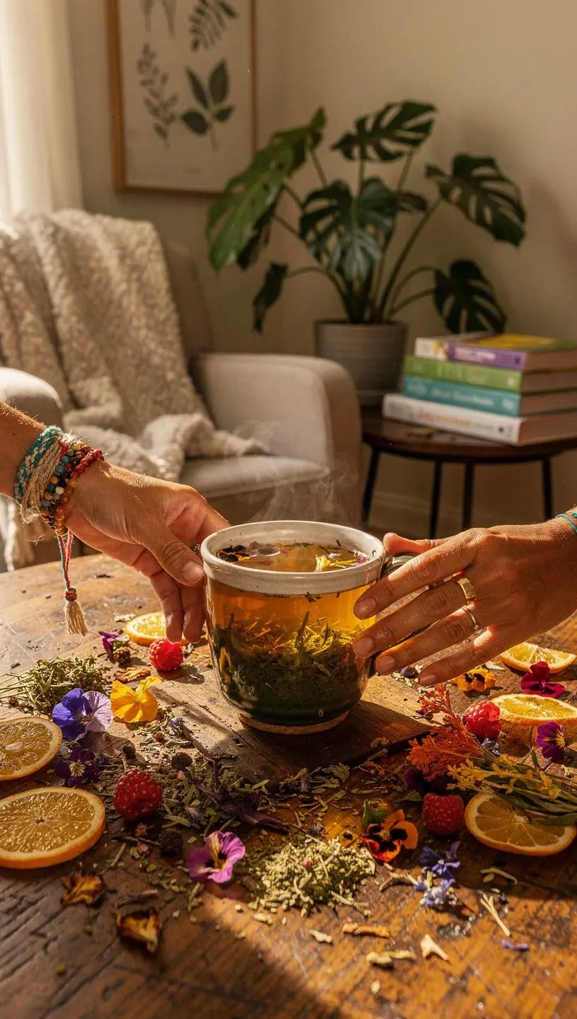 Žolelių arbatos paruošimo ritualas su natūraliais ingredientais ir profesionaliu požiūriu.