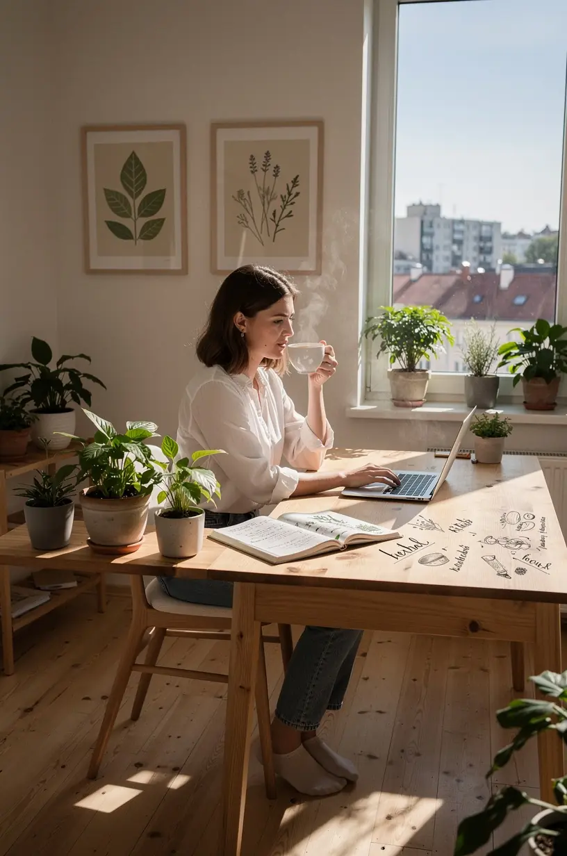 Detalė – garuojantis arbatos puodelis su šviežiomis žolelėmis, skatinantis sveiką gyvenimo būdą.