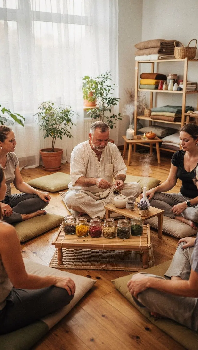 Arbatos puodelis su žolelių mišiniais ant medinio stalo, šalia atversta knyga apie sveikatingumą.