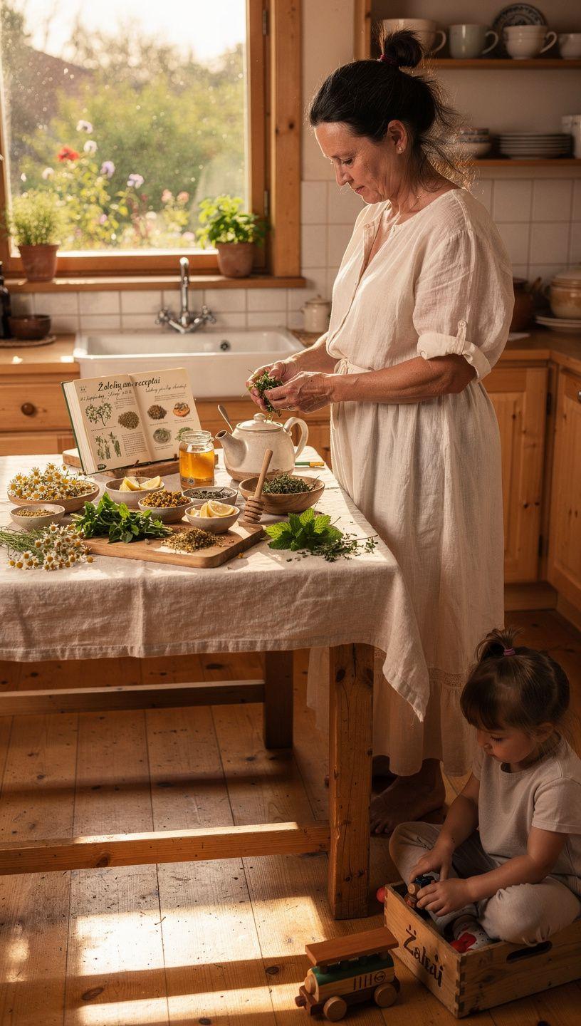 Arbatos puodelis su vaistažolių žolelėmis ant medinio stalo šalia atviruko su ramybės patarimais ir smilkstančios žvakės, simbolizuojantis subalansuotą dienos ritualą.