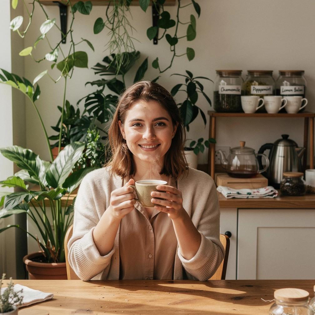 Arbatos puodelis ant medinio stalo su džiovintomis žolelėmis ir natūraliais ingredientais